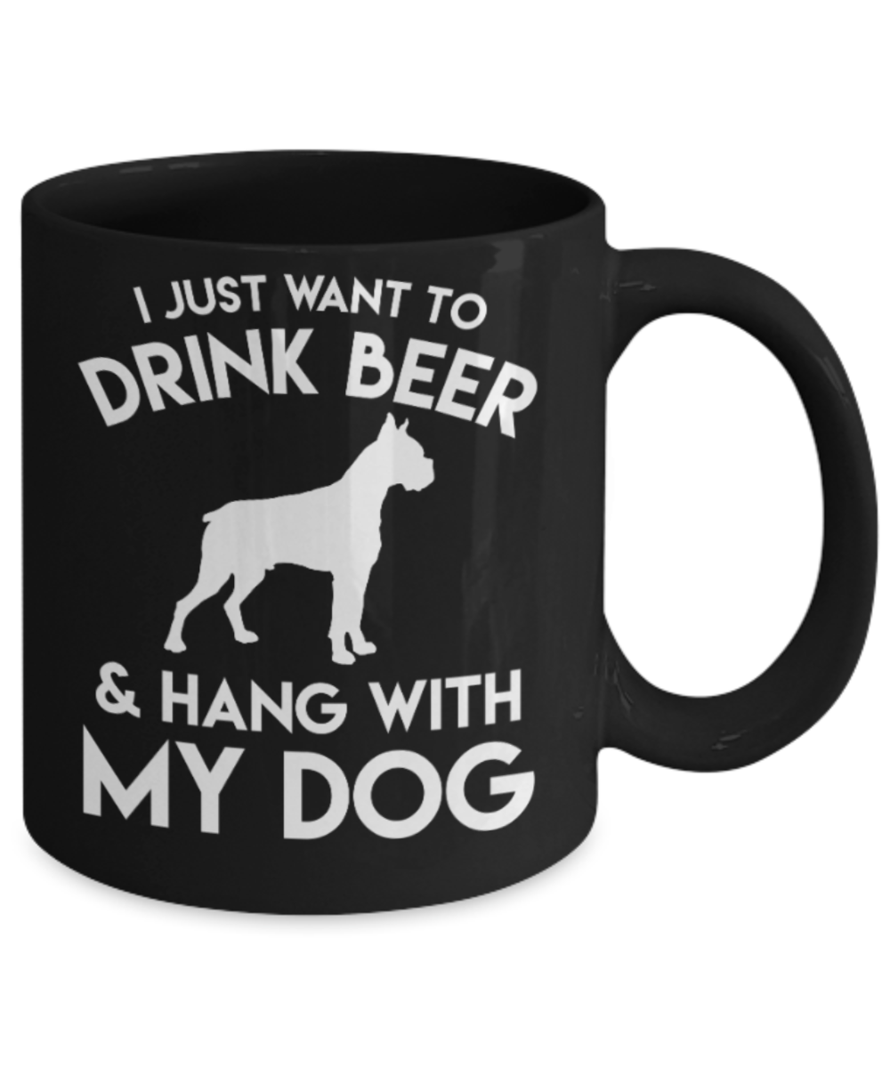 Beer Lovers Gifts , Drink Beer & Hang with my Dog - Black Coffee Mug Porcelain Tea Cup 11 oz - Great Gift