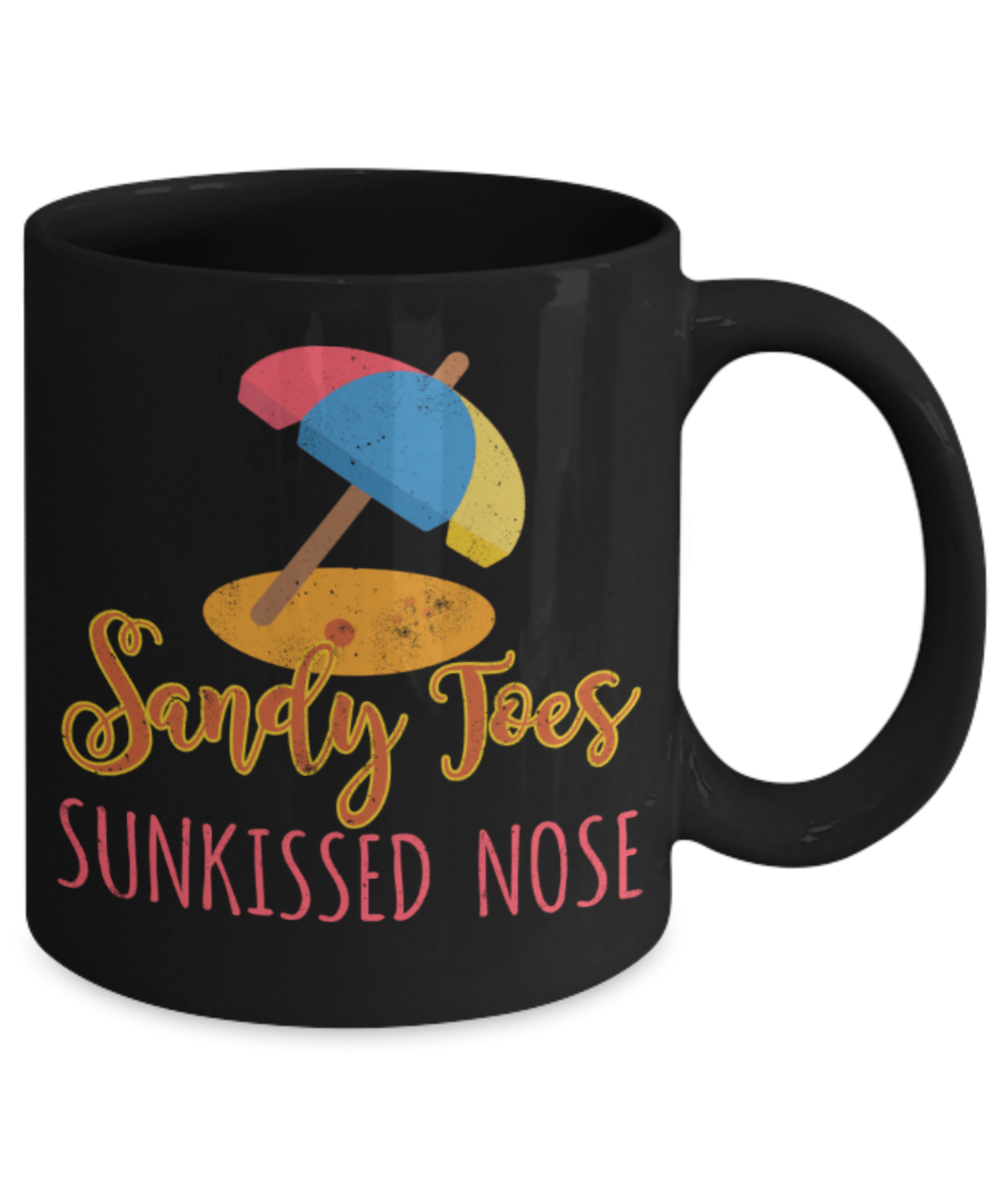 Beach Lovers Mugs, Sandy Toes Sunkissed Nose - Funny Black Porcelain Coffee 11 oz
