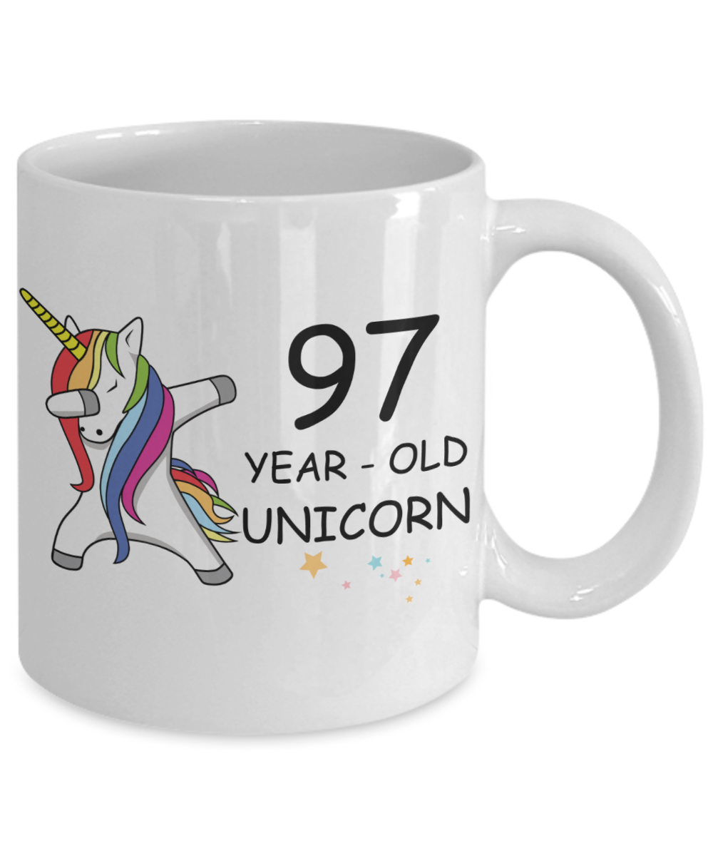 Unicorn Birthday gift 97th Birthday Gift for Women - 97 Year Old Unicorn Dabbing Mug - Funny White Porcelain Coffee 11 oz, 97th Anniversary Bday Gift for Grandma, Mom, Sister, Bestie - Legends are Born In 1923