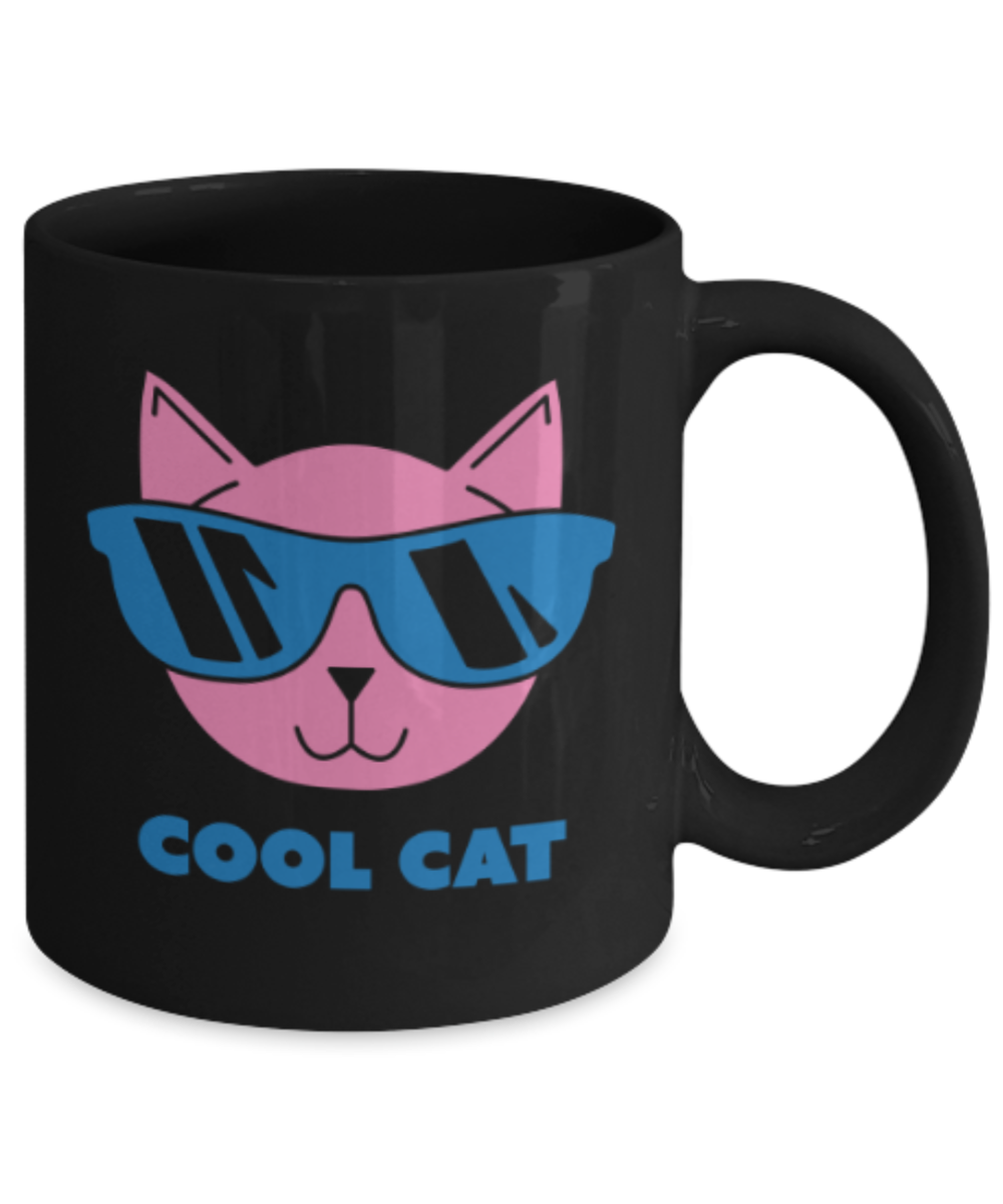 Cat Lovers Gifts , Cool Cat - Black Coffee Mug Porcelain Tea Cup 11 oz - Great Gift