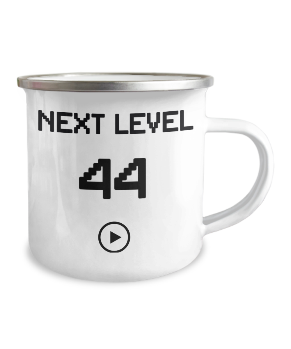 44th Birthday Special Gift Coffee Mug, Next Level 44, Gamer Coffee Mug, Birthday Mug- 12 Oz Stainless Steel Enamel Finish White Camper Coffee Mug