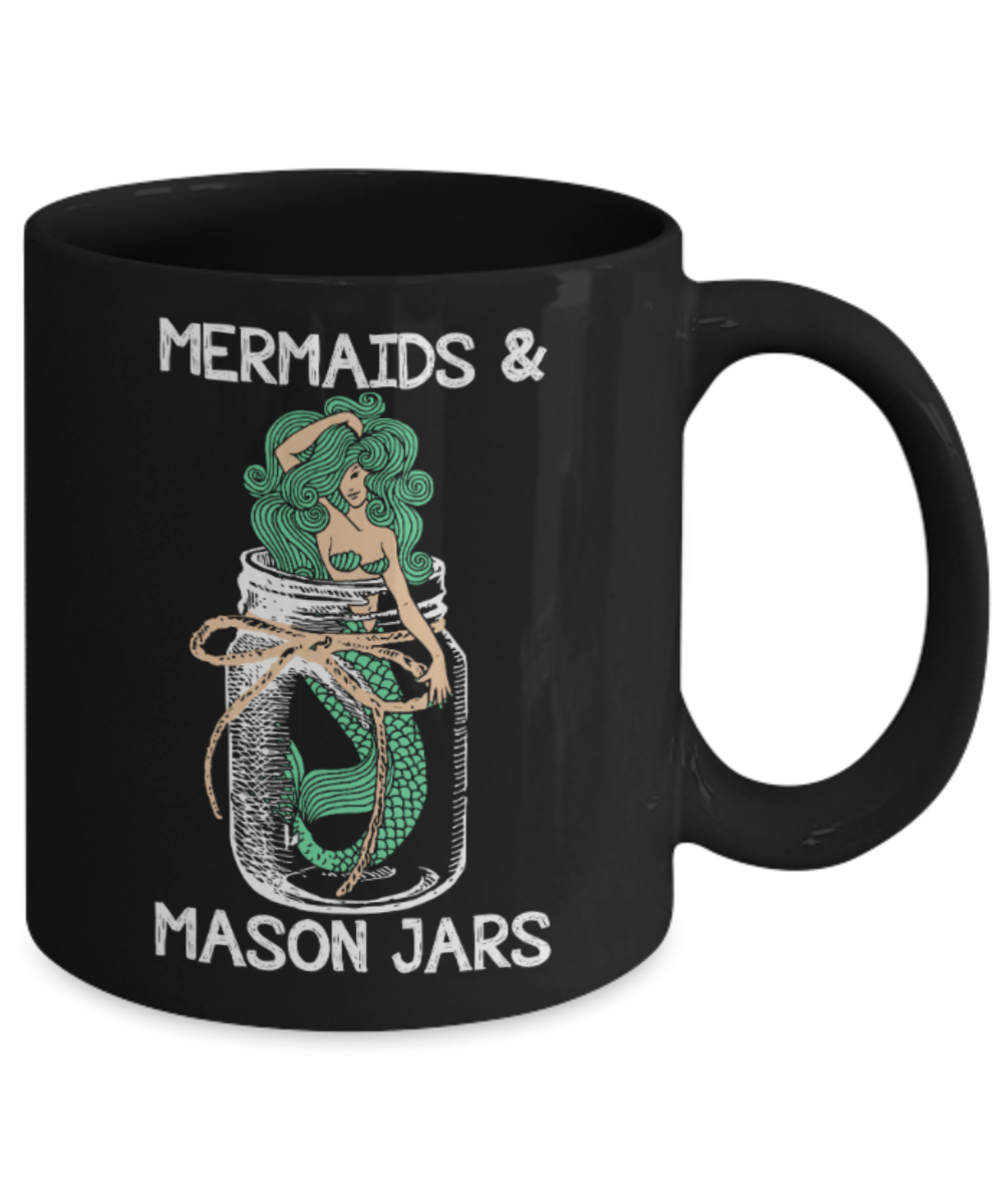 Mermaids Lovers Mugs , Mermaids & Mason Jars - Black Coffee Mug Porcelain Tea Cup 11 oz - Great Gift