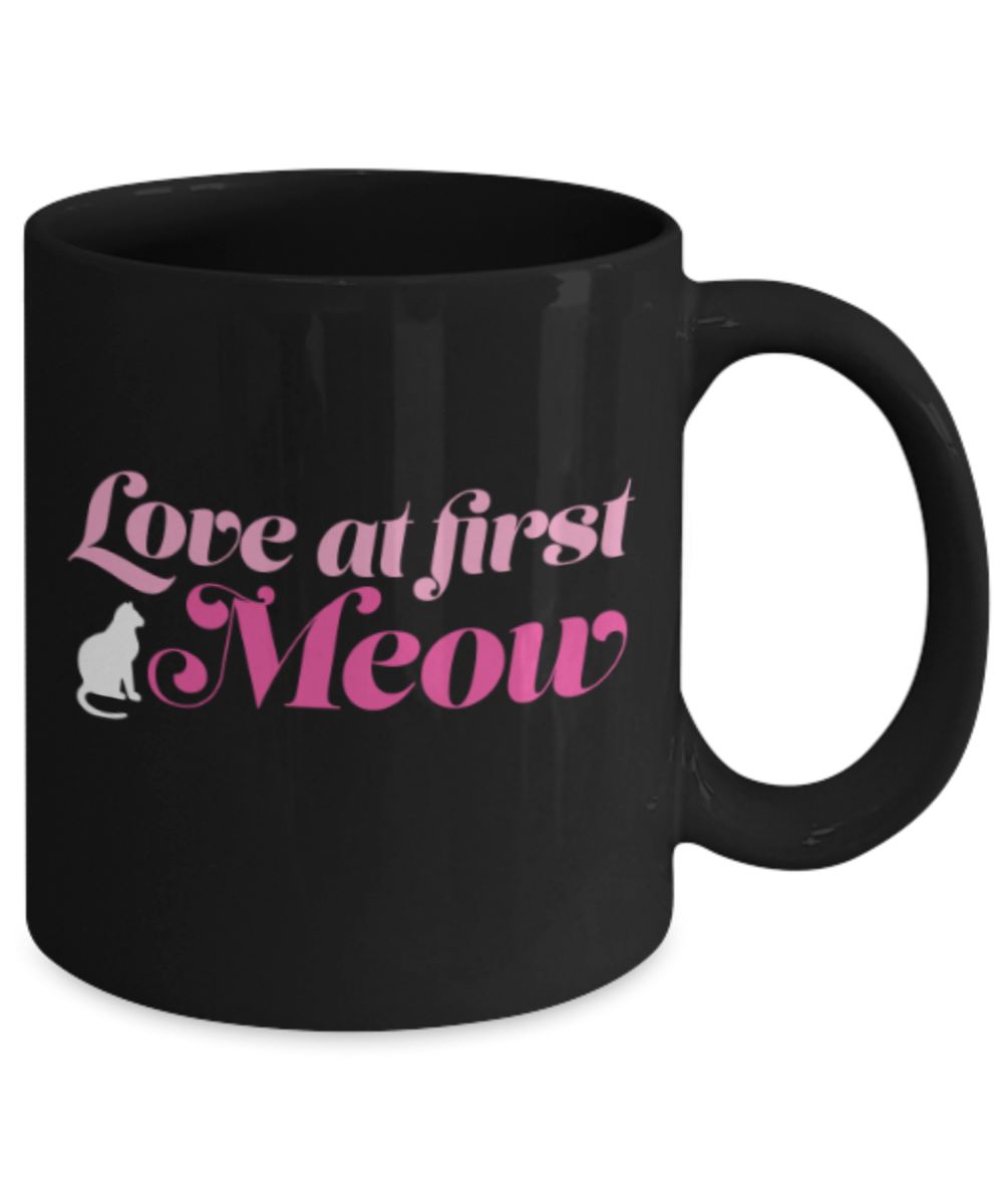 Gift gor cat lovers , Love at First Meow - Black Coffee Mug Porcelain Tea Cup 11 oz - Great Gift