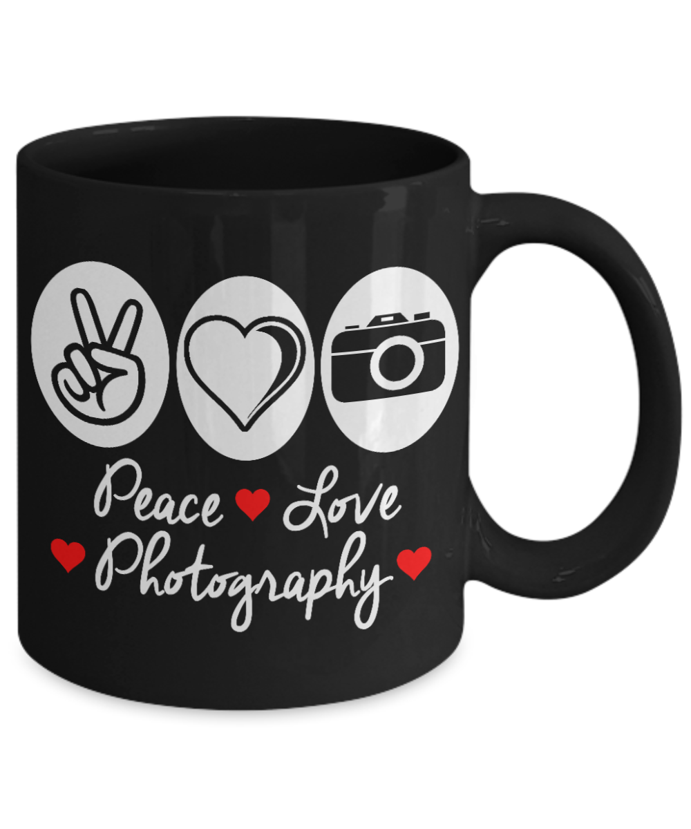 Best Photographer Gift Coffee Mug, Peace Love Photography -Black Porcelain Coffee Mug 11 oz For Photography, Wild, Wedding, News, Pro, Photographer