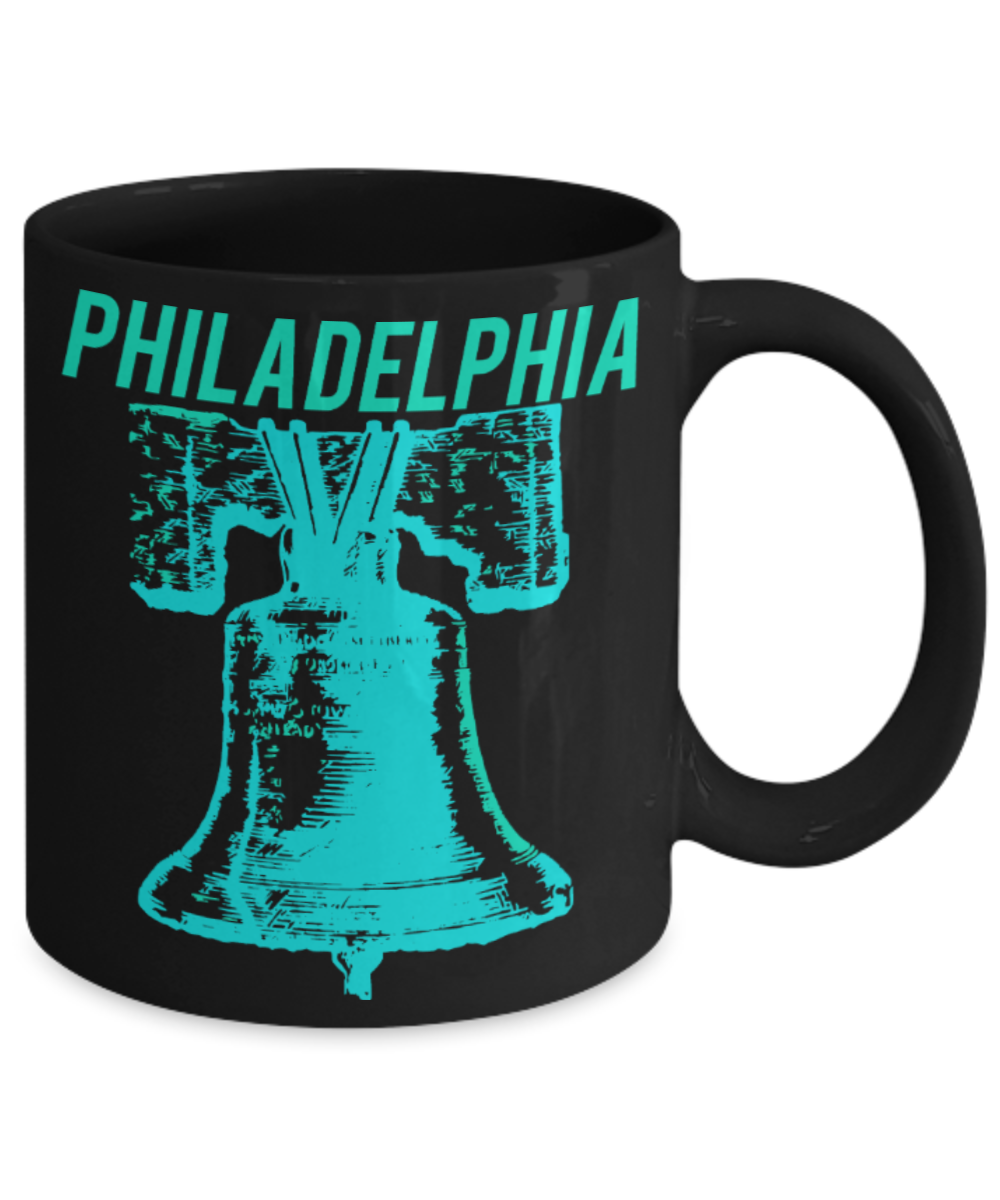 Philadelphia Lovers Mugs , Philadelphia Bells - Black Coffee Mug Porcelain Tea Cup 11 oz - Great Gift