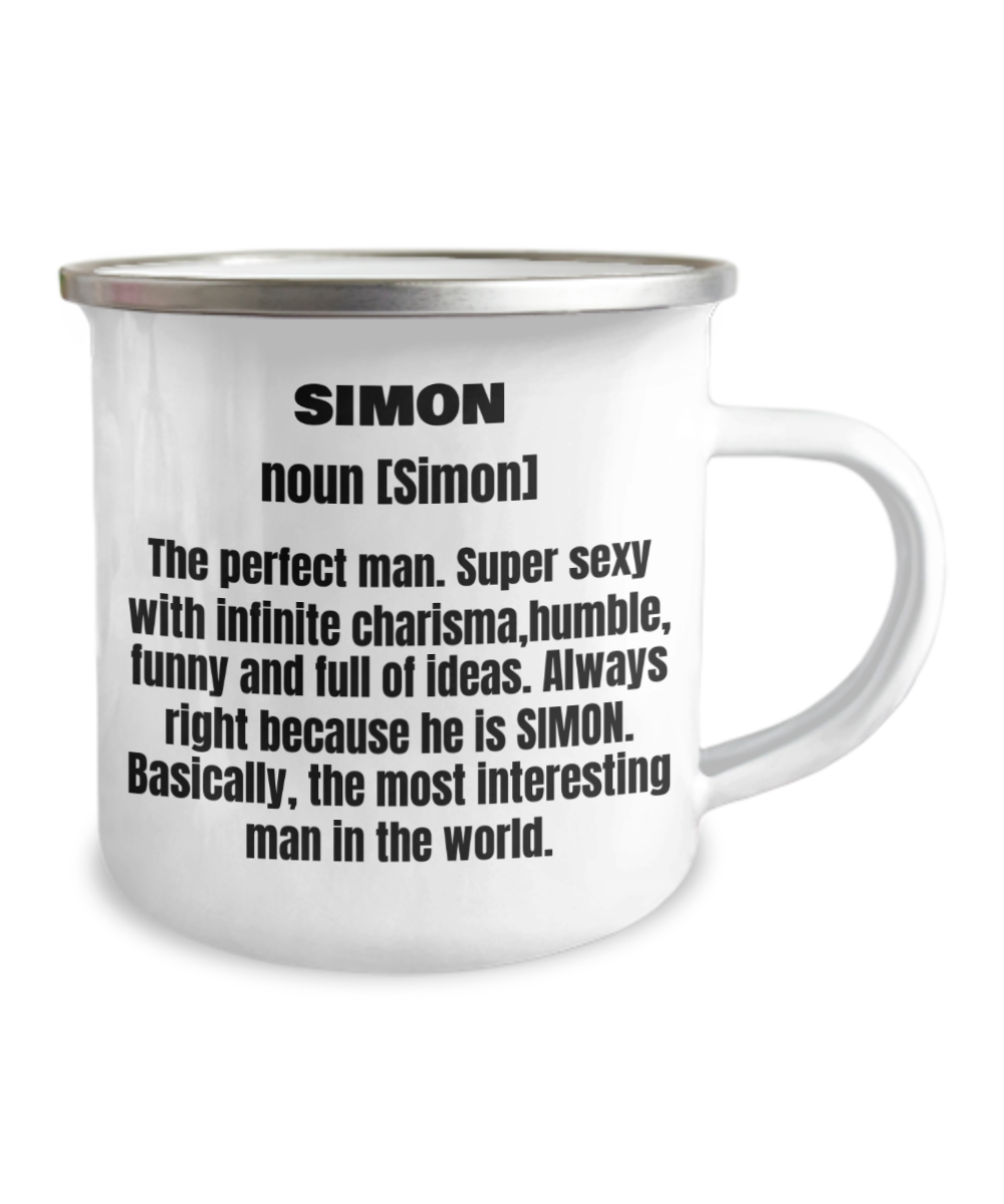 Simon First Name Adult Definition- White Coffee Cup Premium - 12 Oz Stainless Steel Enamel Finish White Camper Coffee Mug