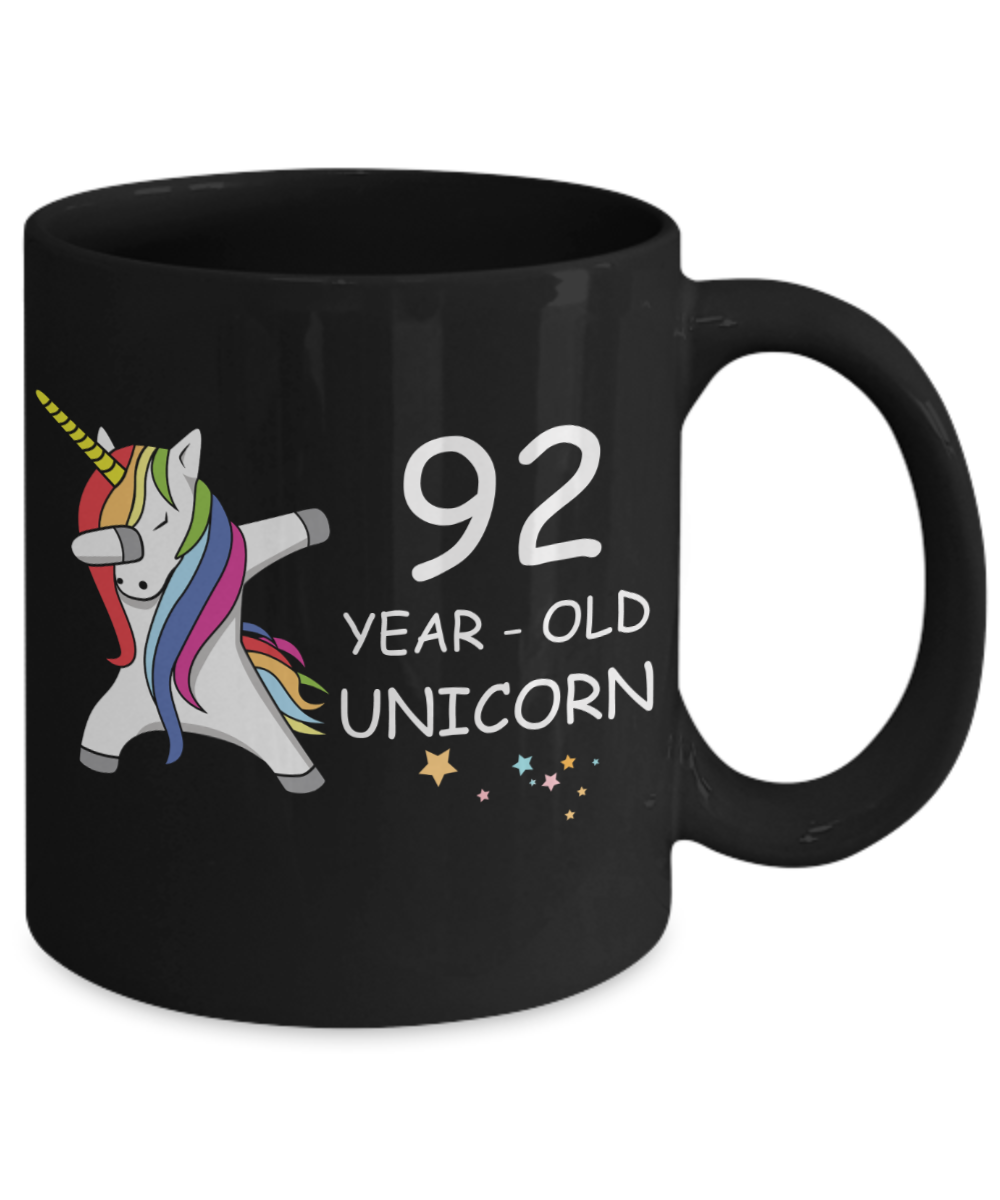 92nd Birthday Gift for Women - 92 Year Old Unicorn Dabbing Mug - Funny Black Porcelain Coffee 11 oz for Grandma, Mom, Sister, Best Friend, Women, Her - Legends are Born In 1928