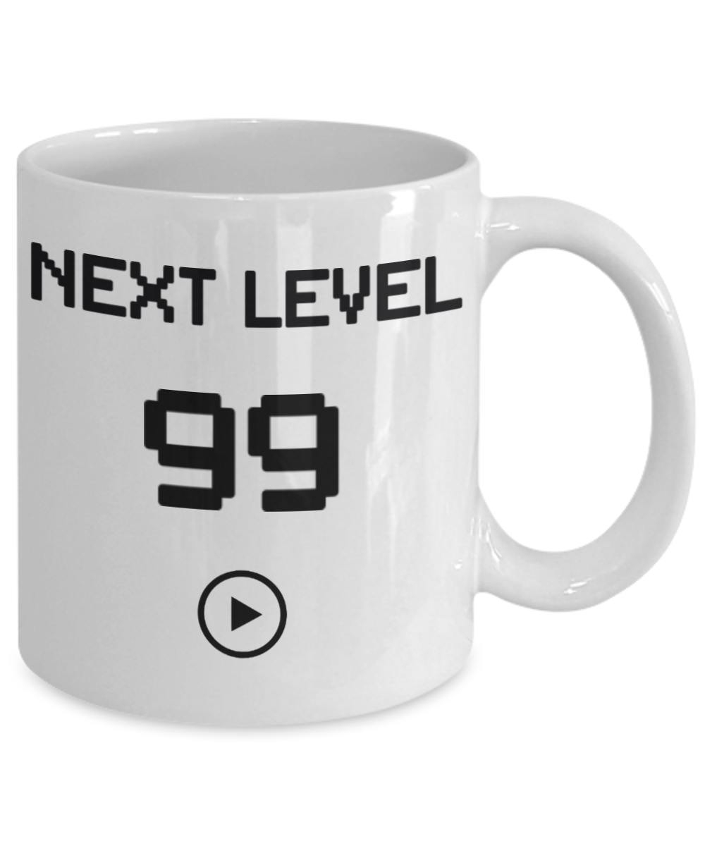 99th Birthday Coffee Mug, Next Level 99, Gamer Coffee Mug, Birthday Mug- White Porcelain Coffee Mug 11 Oz Birthday Coffee Mug