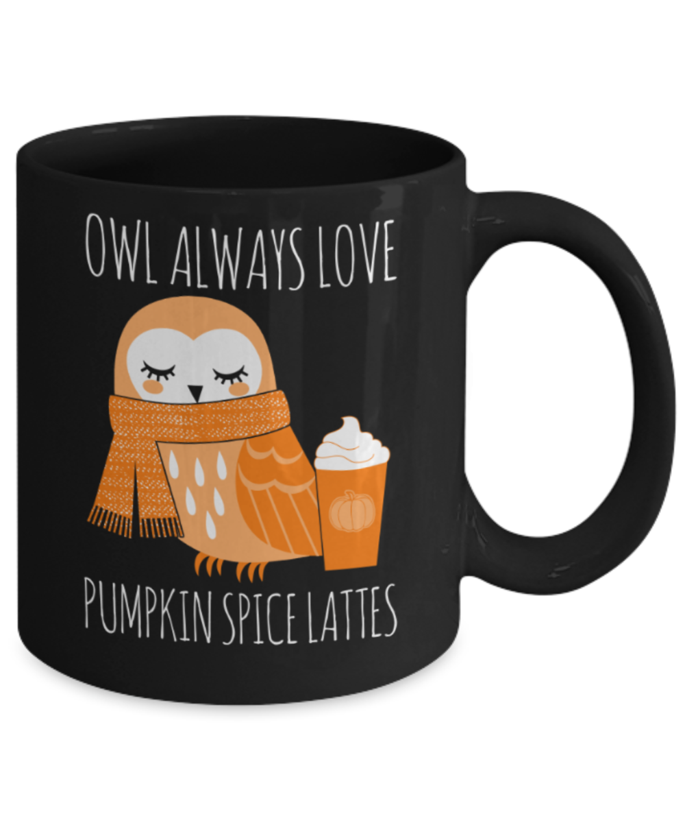 Latte Lovers Mugs , Owl loves Pumpkin spice lattes - Black Coffee Mug Porcelain Tea Cup 11 oz - Great Gift