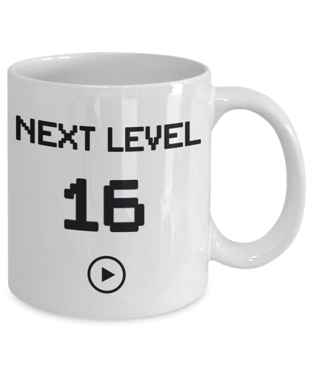 16th Birthday Gift Coffee Mug For Kids, Next Level 16, Gamer Coffee Mug, Birthday Mug- White Porcelain Coffee Mug 11 Oz Funny Quotes Coffee Mug