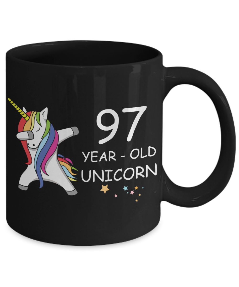 97th Birthday Gift for Women - 97 Year Old Unicorn Dabbing Mug - Funny Black Porcelain Coffee 11 oz for Grandma, Mom, Sister, Best Friend, Women, Her - Legends are Born In 1923