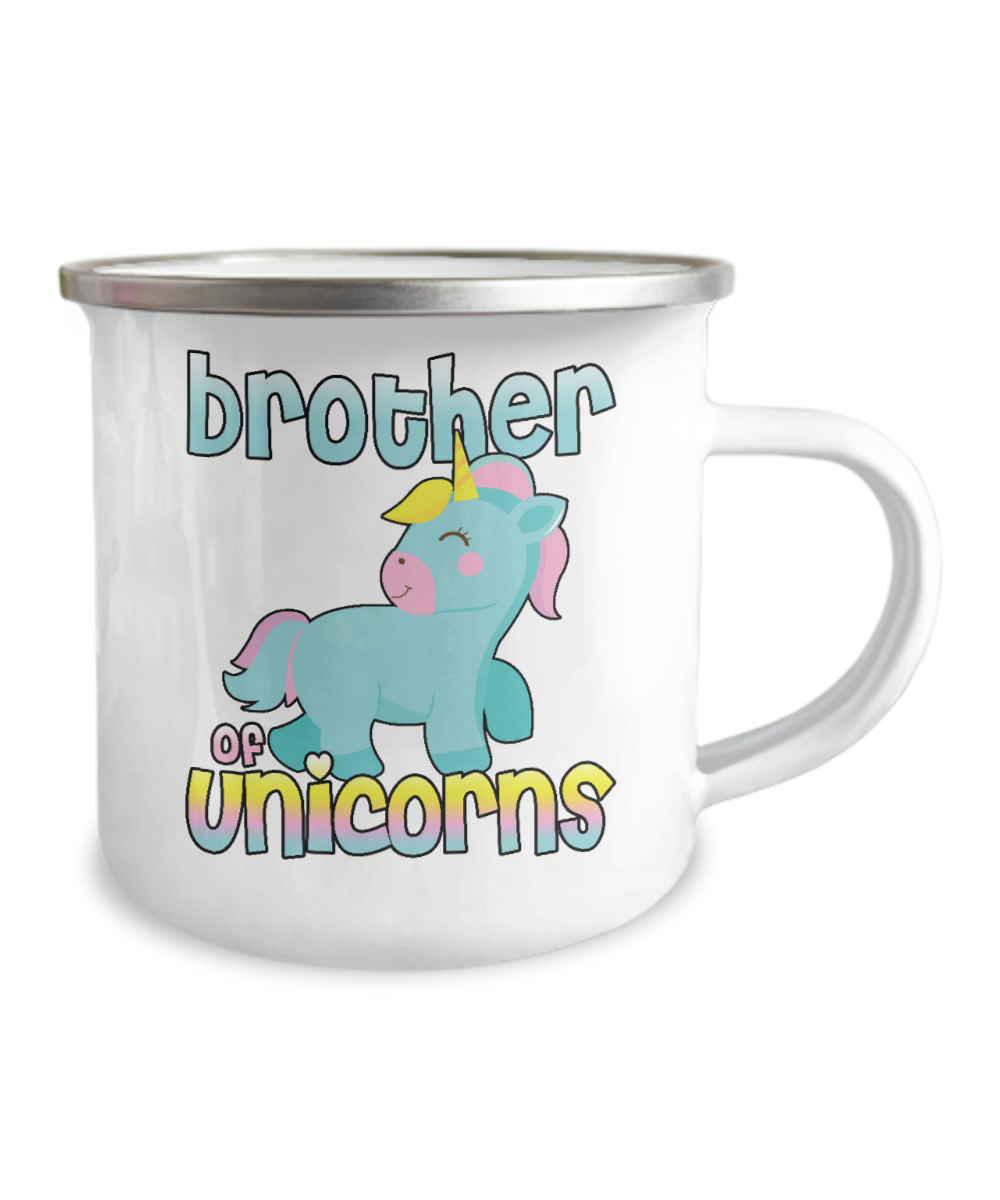Brother Coffee Mug, Brother Of unicorns- 12 Oz Stainless Steel Enamel Finish White Camper Coffee Mug