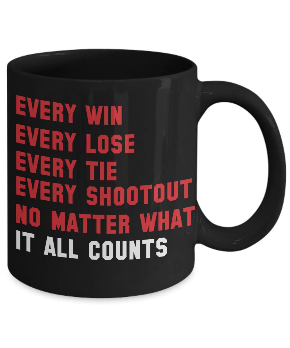Football Lover Coffee Mug, Every Win Every Lose Every Tie No Matter What It All Counts - Black Porcelain Coffee Mug 11 Oz Funny Quotes Coffee Mug