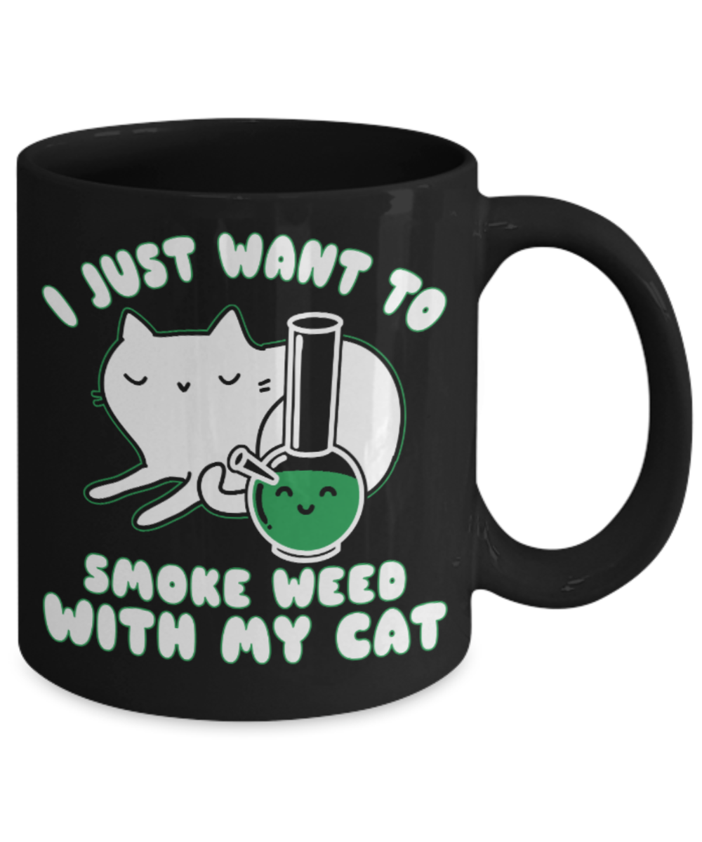 Cat lovers Mugs , Smoke weed with my cat - Black Coffee Mug Porcelain Tea Cup 11 oz - Great Gift