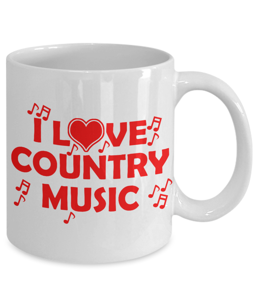 Music Lover Gift Coffee Mug, I Love Country Music-White Porcelain Coffee Mug 11 oz For Father, Mother, Brother, Sister, drummer, Music Lover, Music Teacher