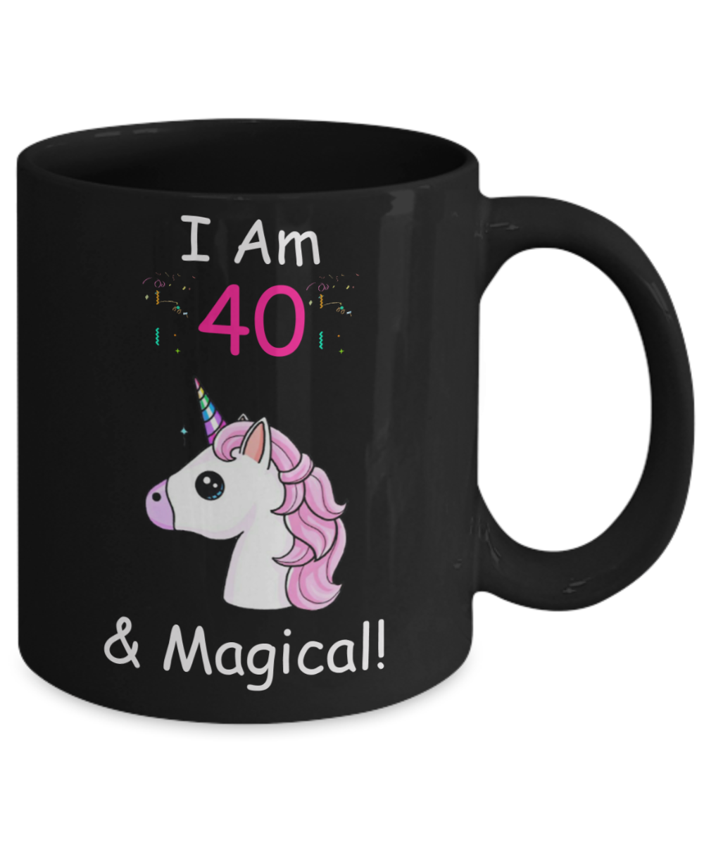 40th Birthday Gift for Women - I Am 40 & Magical Unicorn Mug - Funny Black Porcelain Coffee 11 oz for Grandma, Mom, Sister, Best Friend, Women, Her -Queens are Born In 1980
