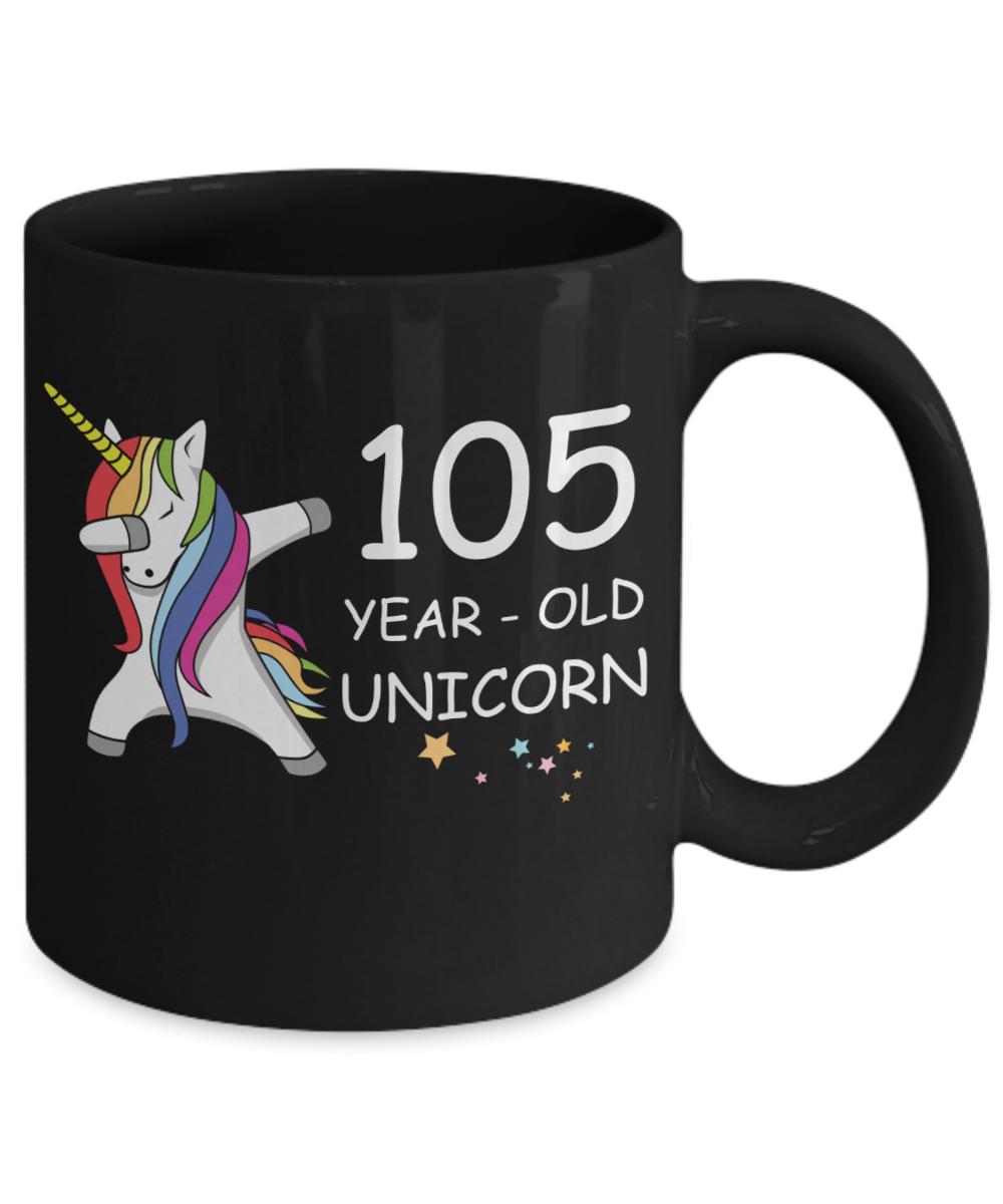 Unicorn Birthday gift 105th Birthday Gift for Women - 105 Year Old Unicorn Dabbing Mug - Funny Black Porcelain Coffee 11 oz, 105th Anniversary Bday Gift for Grandma, Mom, Sister, Bestie - Legends are Born In 1915