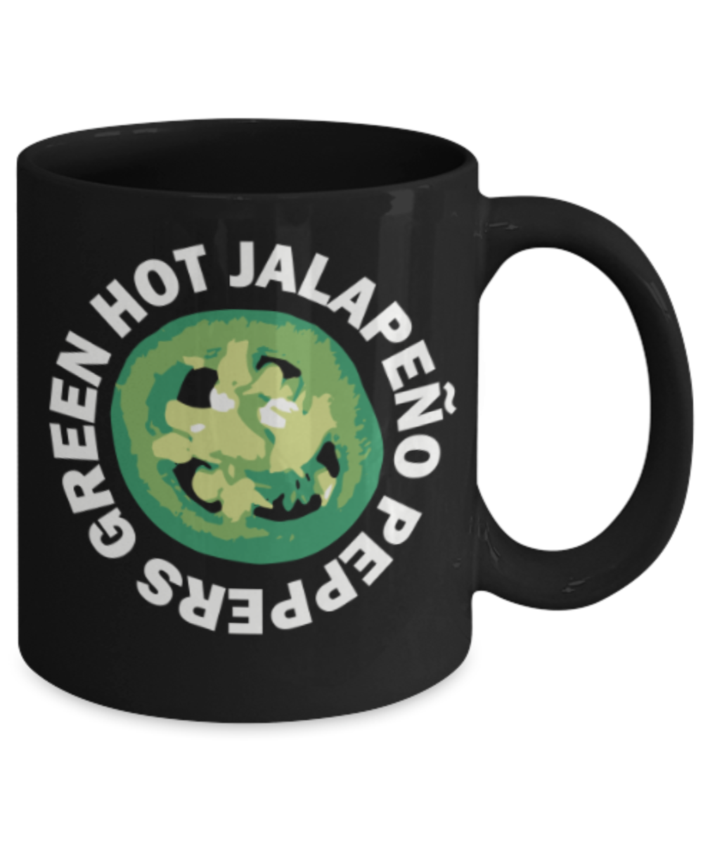 Food Lovers mugs , Green Hot Jalapeno Pepper - Black Coffee Mug Porcelain Tea Cup 11 oz - Great Gift