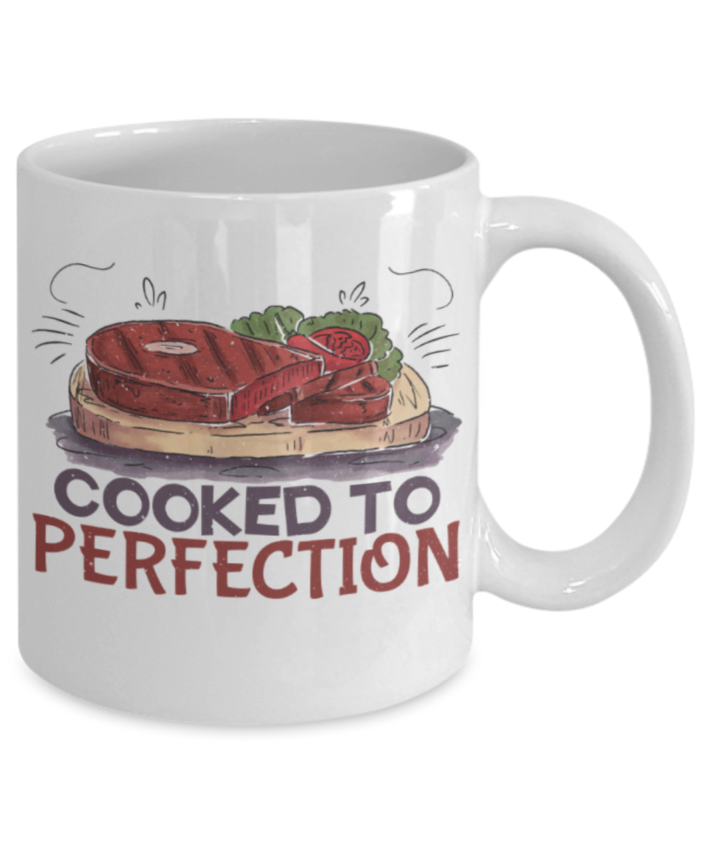 Food Lovers Mugs, Cooked to perfection - Funny White Porcelain Coffee 11 oz