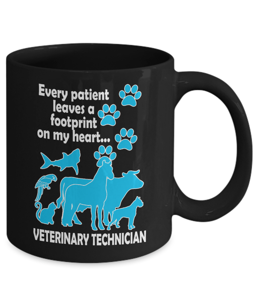 Vet Tech Coffee Mug, Every Patient Leaves A Footprint On MY Heart... Veterinary Technician-Black Porcelain Coffee Mug 11 oz