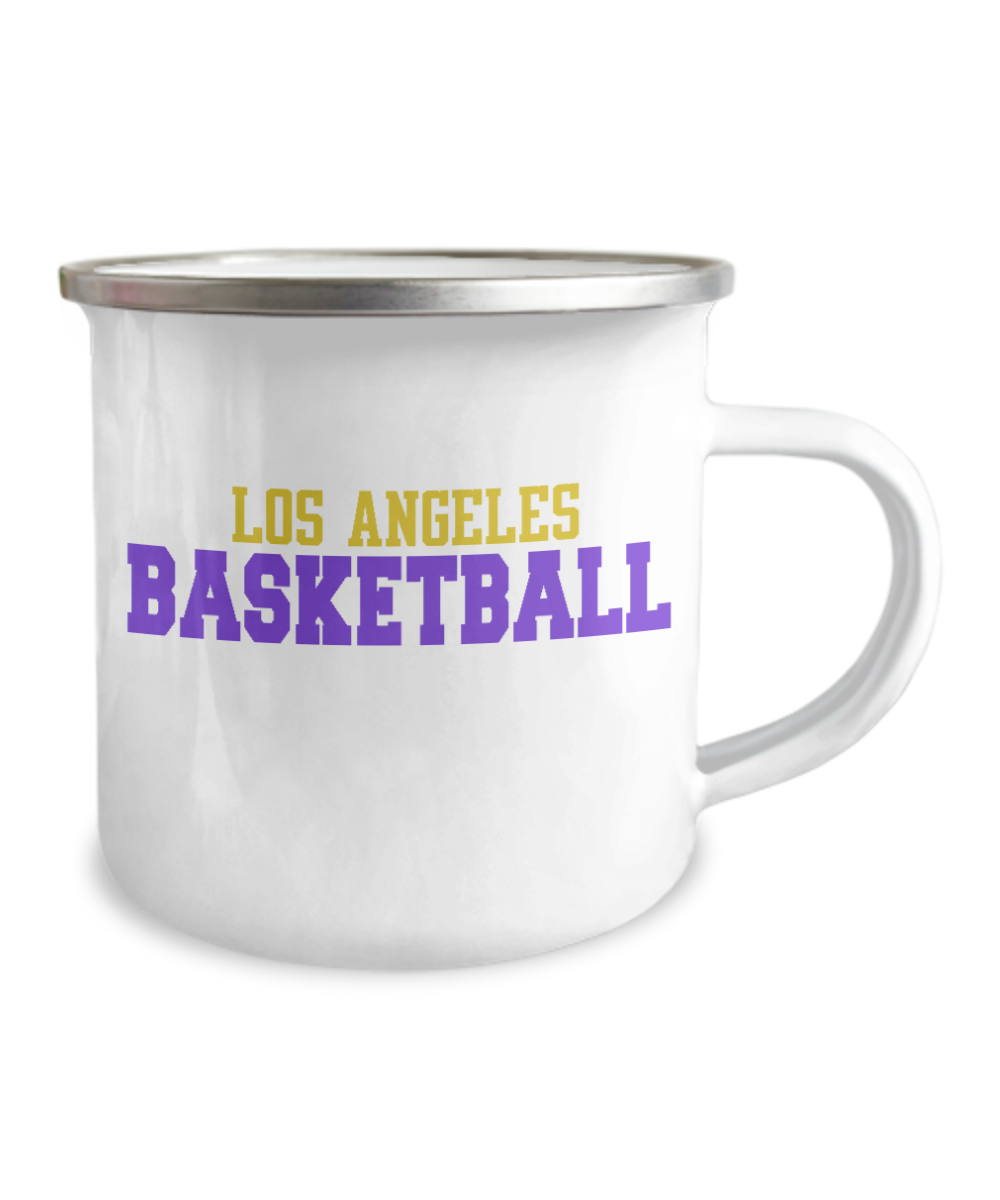 Basketball Player Coffee Mug, Los Angeles Basketball- 12 Oz Stainless Steel Enamel Finish White Camper Coffee Mug