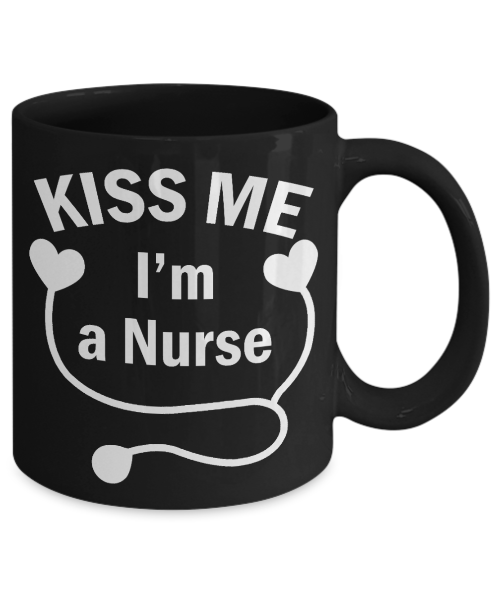 Nurse Graduation Gift Coffee mug, Kiss Me I Am A Nurse-Black Porcelain Coffee Mug 11 oz for Girlfriend, Boyfriend, Wife, Husband, Nurse, medical, Nursing , Student