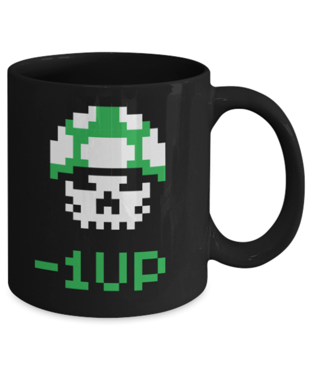 Games Lovers mugs, Negative 1 Up - Black Coffee Mug Porcelain Tea Cup 11 oz - Great Gift