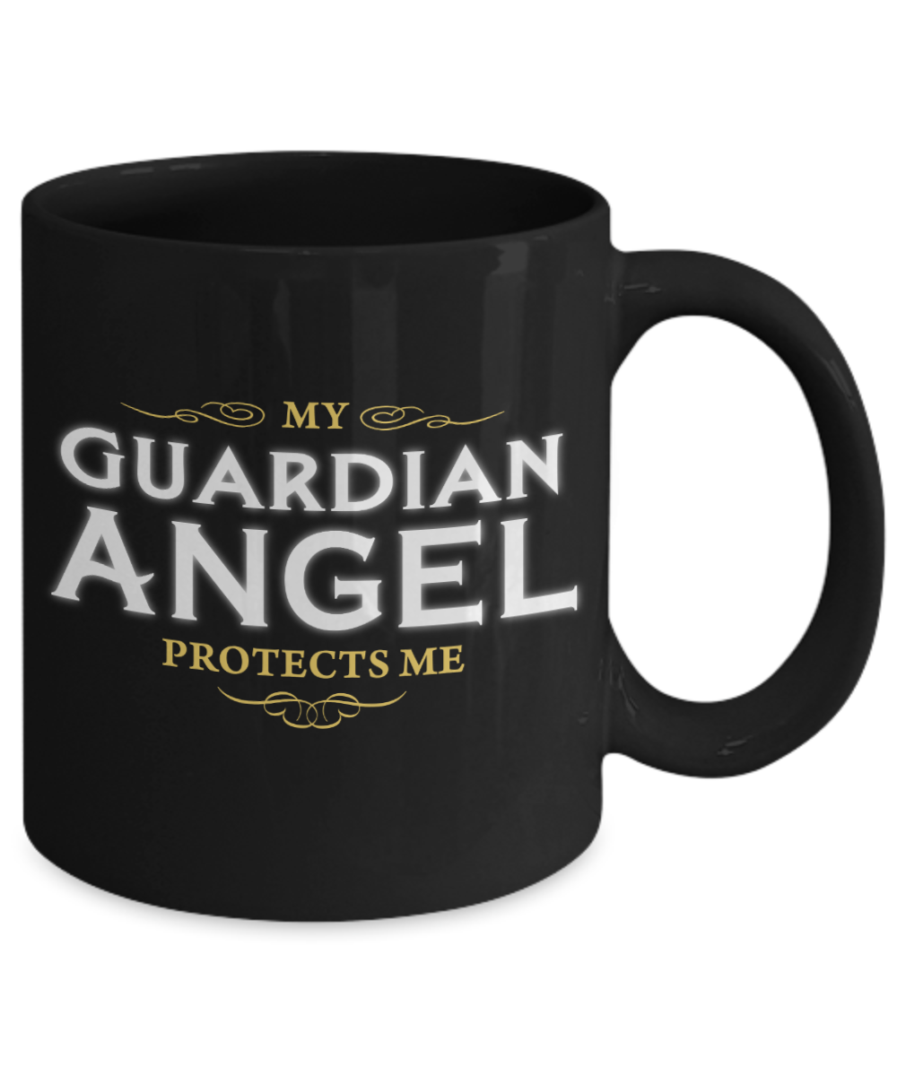My Guardian Angel Protects me - Funny Black Porcelain Coffee Mug Cute Ceramic Cup 11 oz