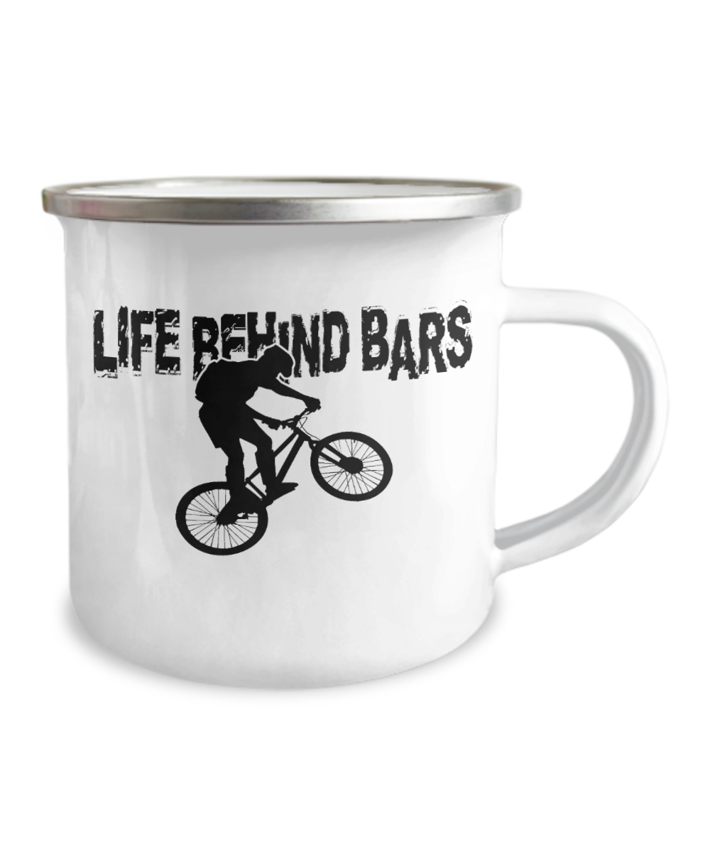 Life Behind Bars coffee mugs for cyclist and cycle lovers -12 Oz Stainless Steel Enamel Finish White Camper Coffee Mug