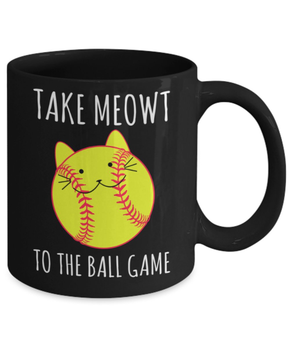 Cat Lovers Mugs , Mewt Ballgame - Black Coffee Mug Porcelain Tea Cup 11 oz - Great Gift