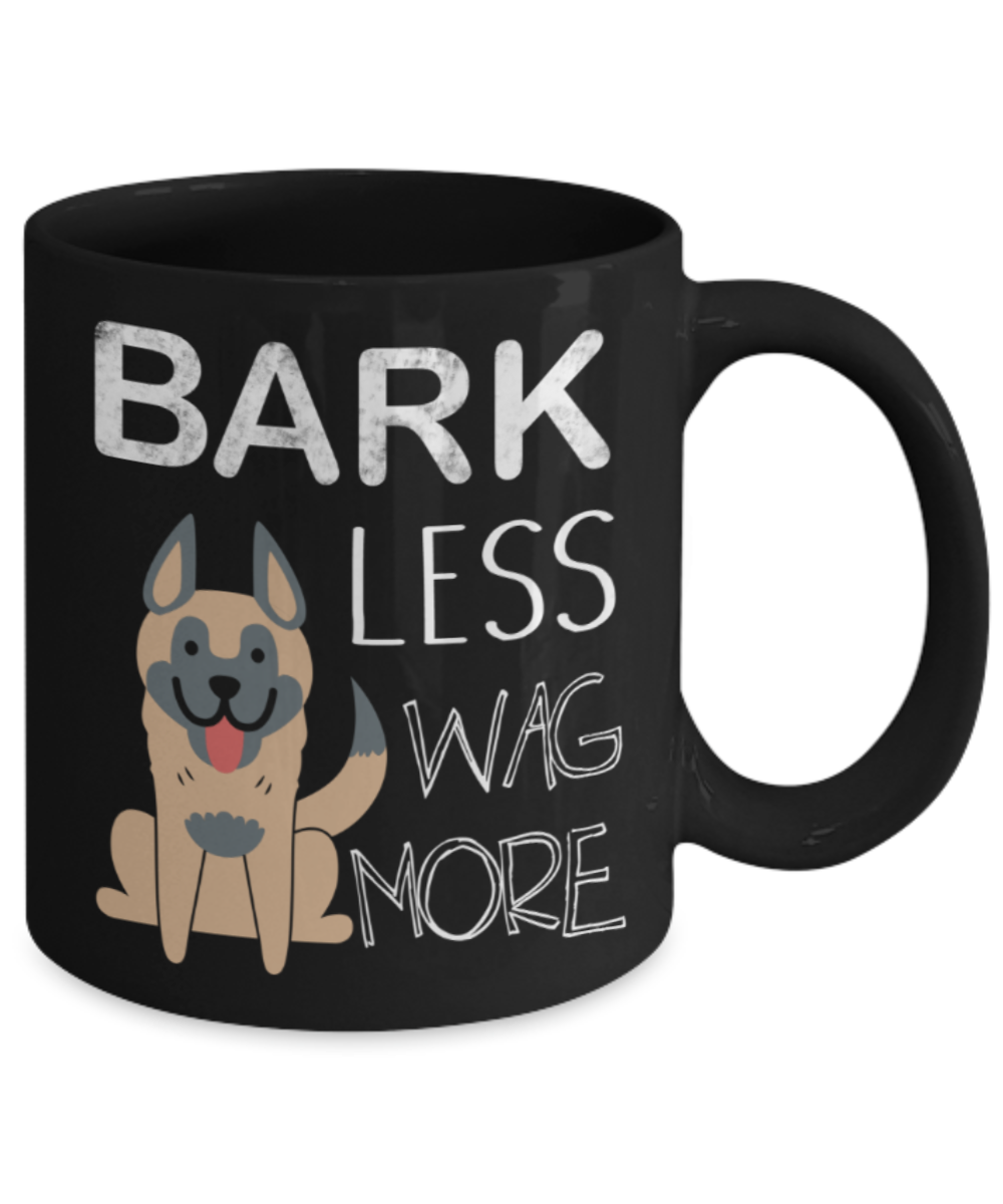 Dog Lovers Gifts , Bark Less Wag More - Black Coffee Mug Porcelain Tea Cup 11 oz - Great Gift