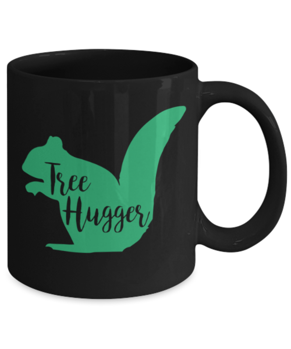 Gift gor animal lovers , Tree Hugger - Black Coffee Mug Porcelain Tea Cup 11 oz - Great Gift