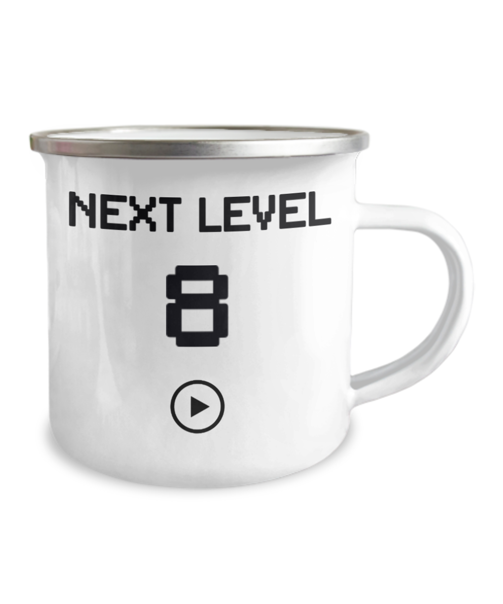8th Birthday Gift Coffee Mug For Kids, Next Level 8, Gamer Coffee Mug, Birthday Mug- 12 Oz Stainless Steel Enamel Finish White Camper Coffee Mug