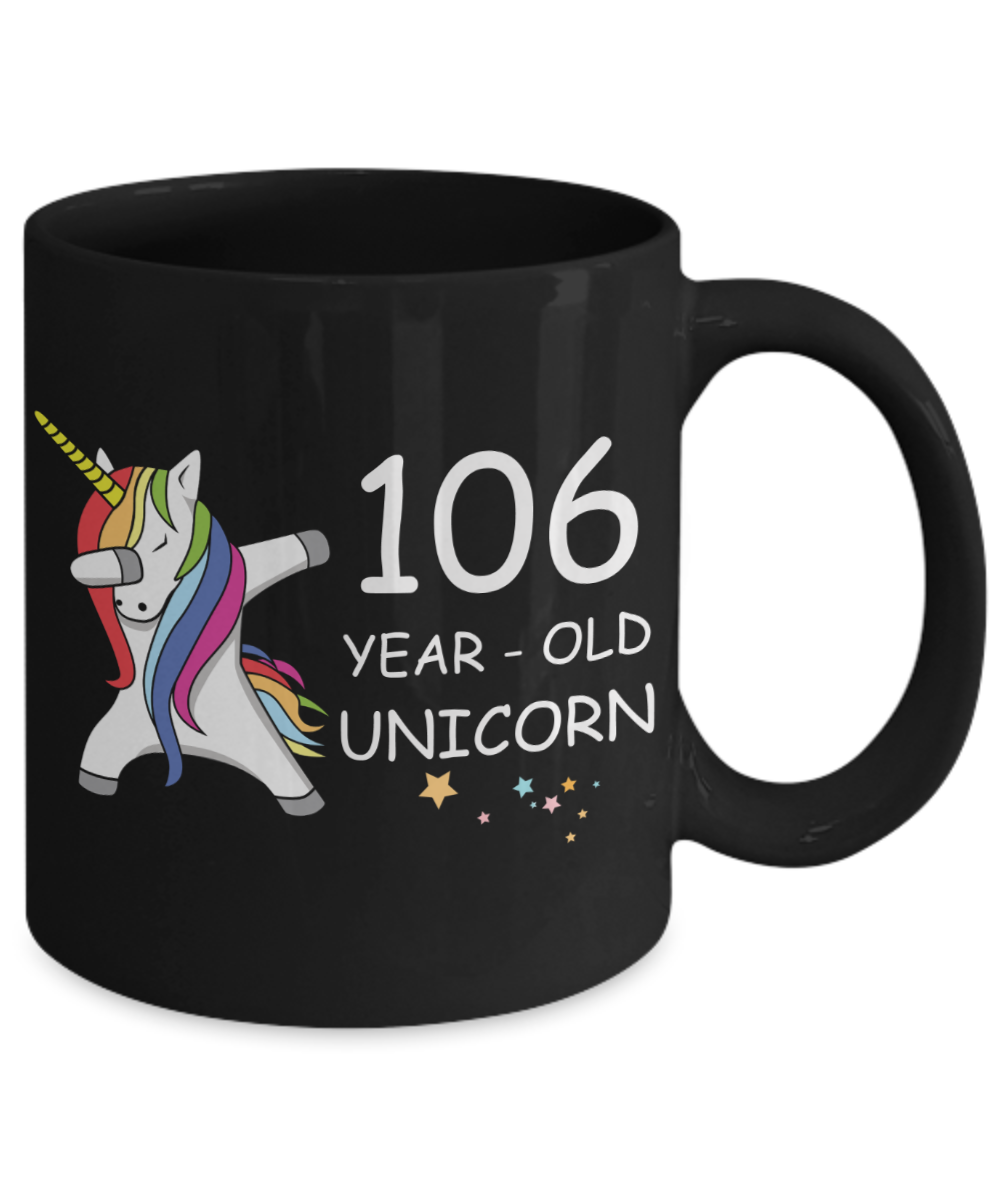 106th Birthday Gift for Women - 106 Year Old Unicorn Dabbing Mug - Funny Black Porcelain Coffee 11 oz for Grandma, Mom, Sister, Best Friend, Women, Her - Legends are Born In 1914