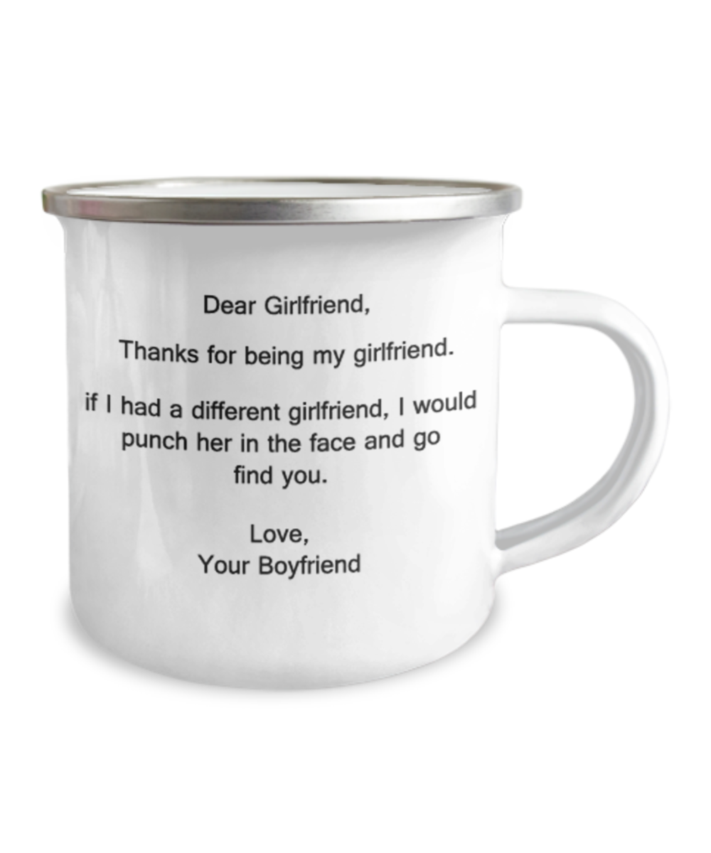 Dear Girlfriend Thank You for Being My Girlfriend - Girlfriend Coffee Mug-12 Oz Stainless Steel Enamel Finish White Camper Coffee Mug