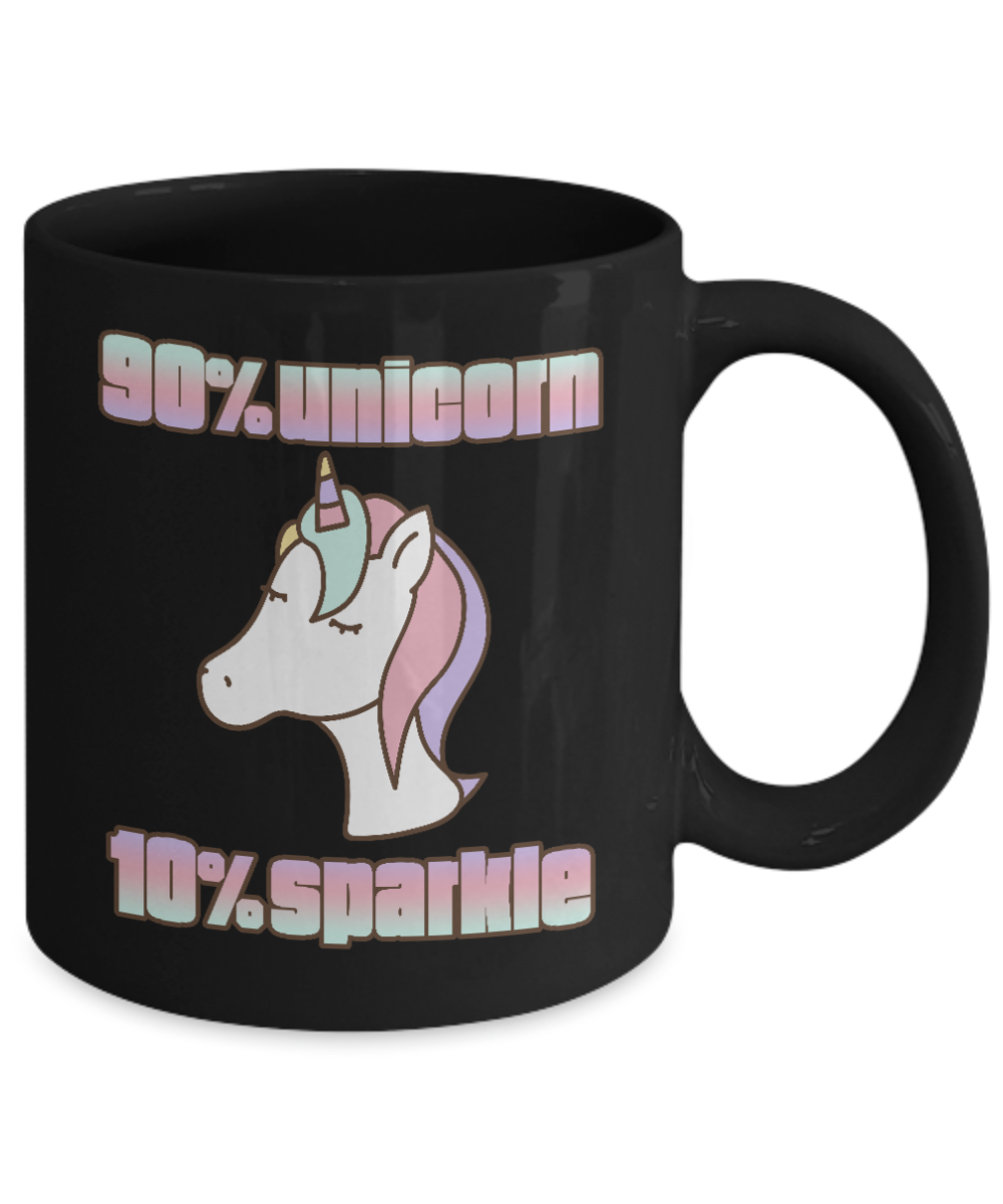 Cute Unicorn Coffee Mug, 90 Percent Unicorn 10 Percent Sparkle-Black Porcelain Coffee Mug 11 oz For Daughter,Teen,Women, Grandma
