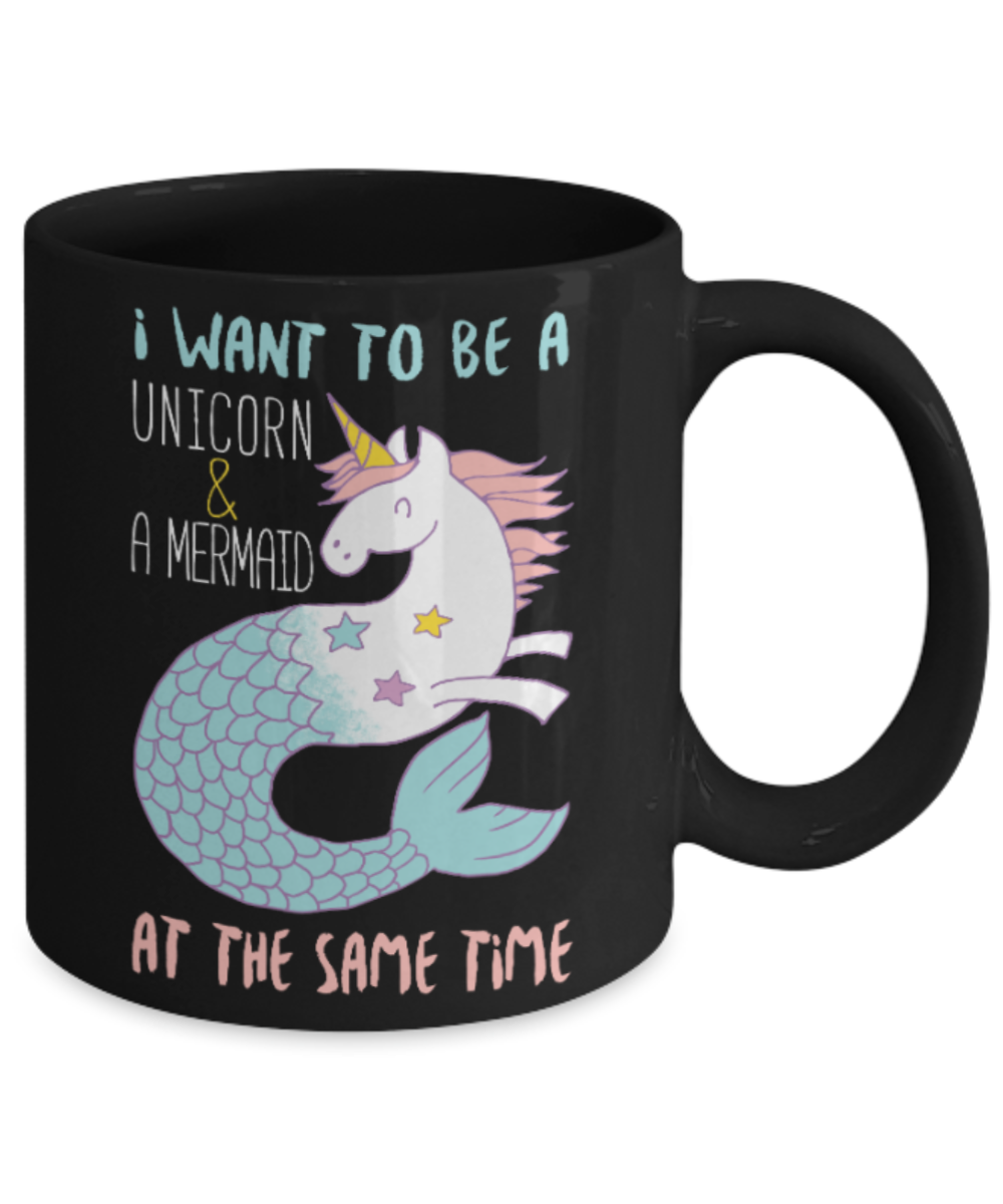 Unicorn and Mermaid - Black Coffee Mug Porcelain Tea Cup 11 oz - Great Gift