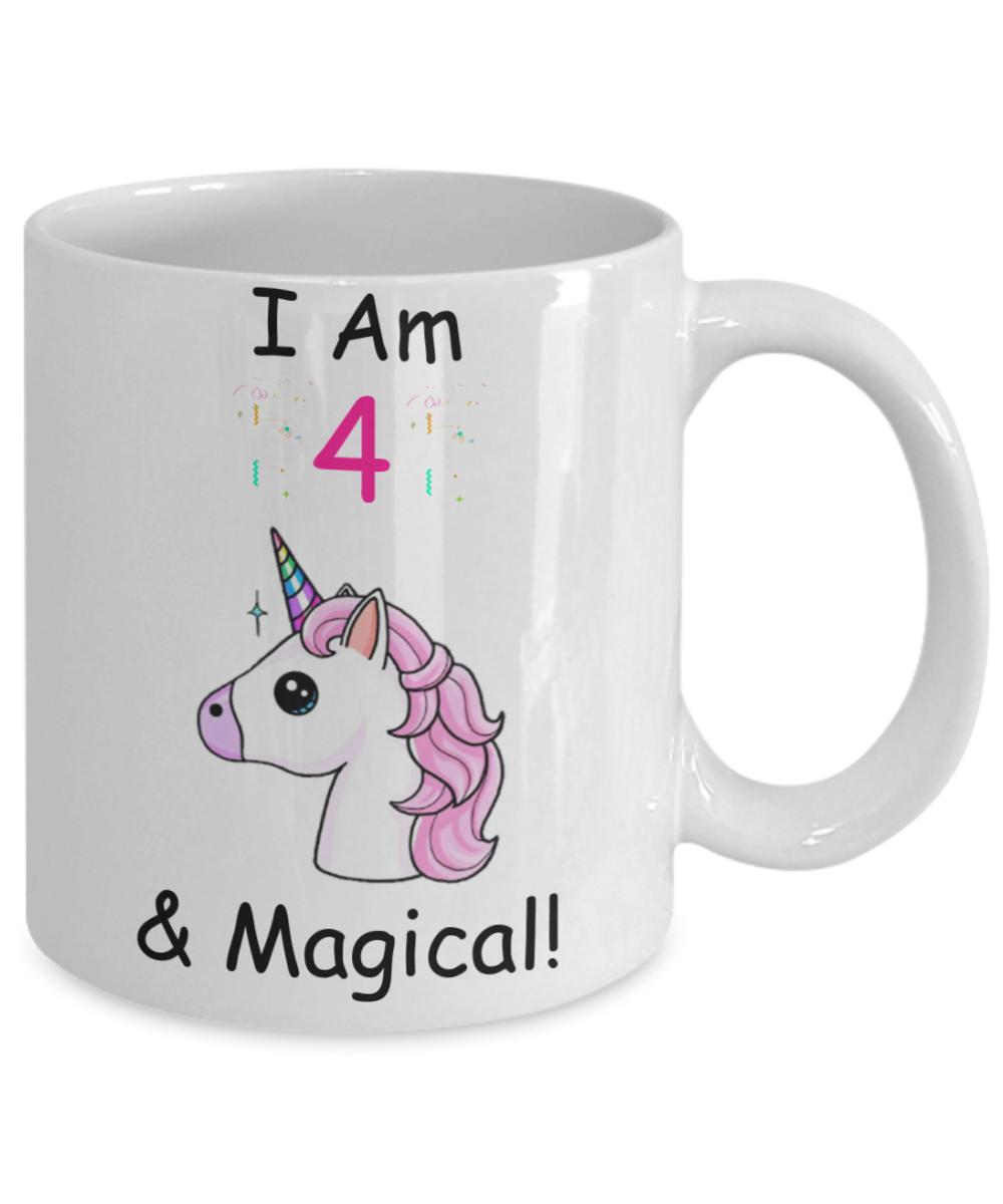 Unicorn Birthday gift 4th Birthday Gift for Women - I Am 4 & Magical Unicorn Mug - Funny White Porcelain Coffee 11 oz for Grandma, Mom, Sister, Best Friend, Women, Her - Born In 2016