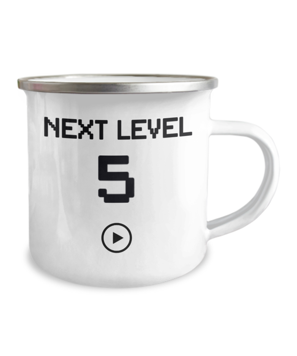 5th Birthday Gift Coffee Mug For Kids, Next Level 5, Gamer Coffee Mug, Birthday Mug- 12 Oz Stainless Steel Enamel Finish White Camper Coffee Mug