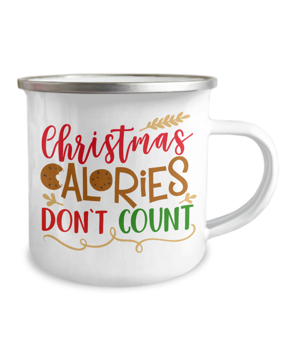 Christmas Coffee mug, Christmas calories don't count mugs for Foodies and Food lovers- 12 Oz Stainless Steel Enamel Finish White Camper Coffee Mug