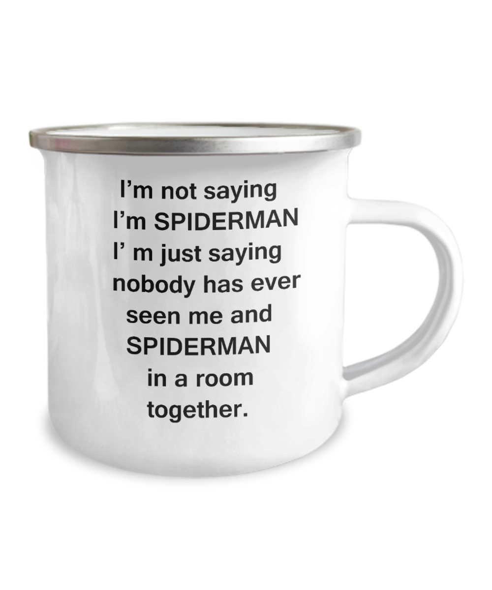 Spiderman And Me Coffee Mugs - Funny Coffee Mugs For Super Hero Lovers & Kids -12 Oz Stainless Steel Enamel Finish White Camper Coffee Mug