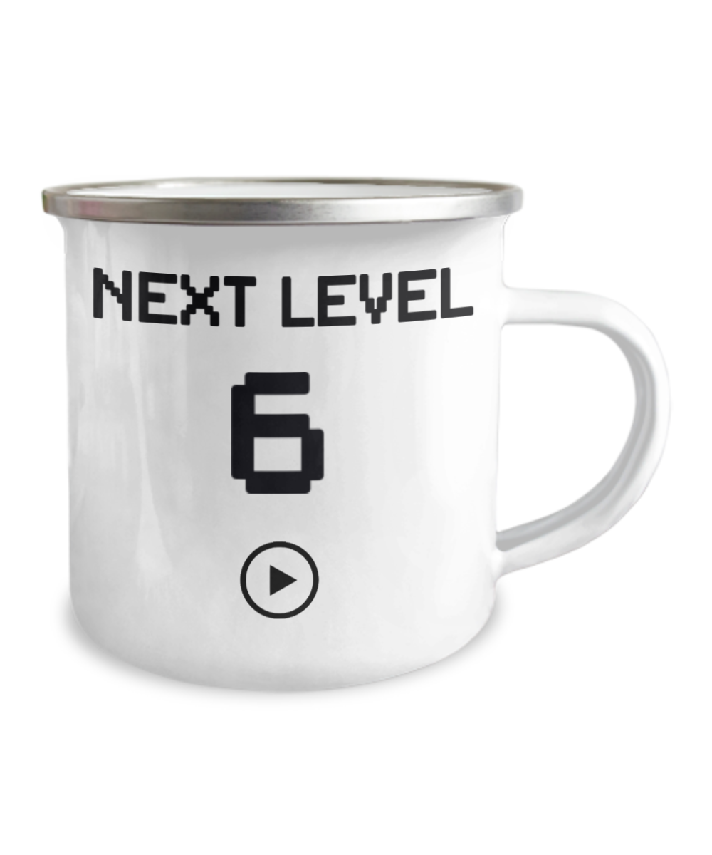 6th Birthday Gift Coffee Mug For Kids, Next Level 6, Gamer Coffee Mug, Birthday Mug- 12 Oz Stainless Steel Enamel Finish White Camper Coffee Mug