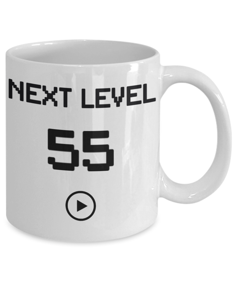 55th Birthday Coffee Mug, Next Level 55, Gamer Coffee Mug, Birthday Mug- White Porcelain Coffee Mug 11 Oz Birthday Coffee Mug