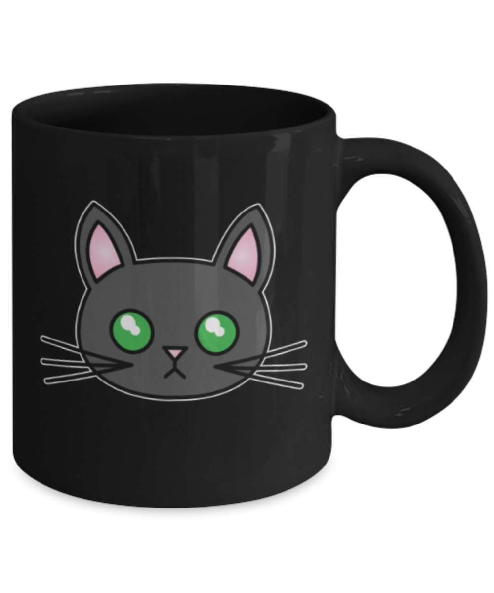 Gift gor cat lovers , Cats green eyes - Black Coffee Mug Porcelain Tea Cup 11 oz - Great Gift