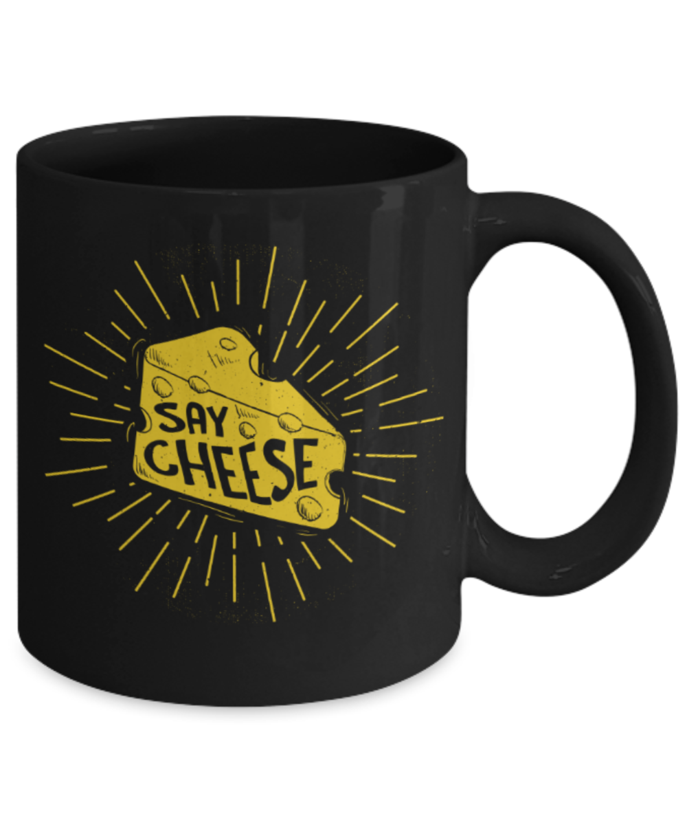 Cheese Lovers Mugs, Say Cheese - Funny Black Porcelain Coffee 11 oz