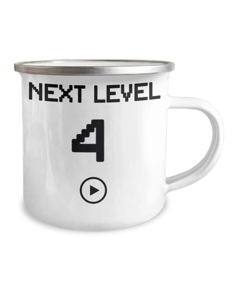 4th Birthday Gift Coffee Mug For Kids, Next Level 4, Gamer Coffee Mug, Birthday Mug- 12 Oz Stainless Steel Enamel Finish White Camper Coffee Mug