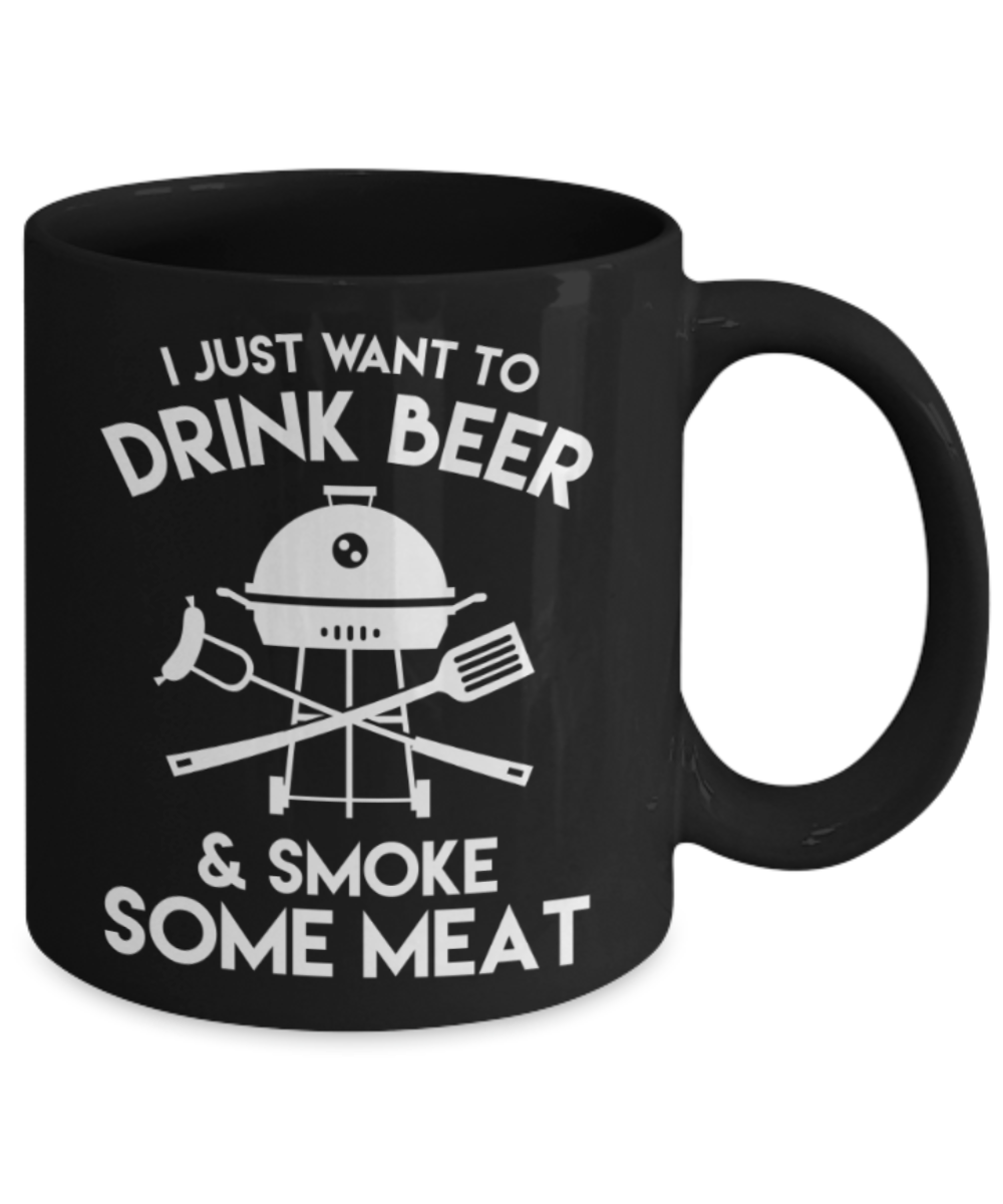 Beer Lovers Gifts , Drink Beer and Meat - Black Coffee Mug Porcelain Tea Cup 11 oz - Great Gift