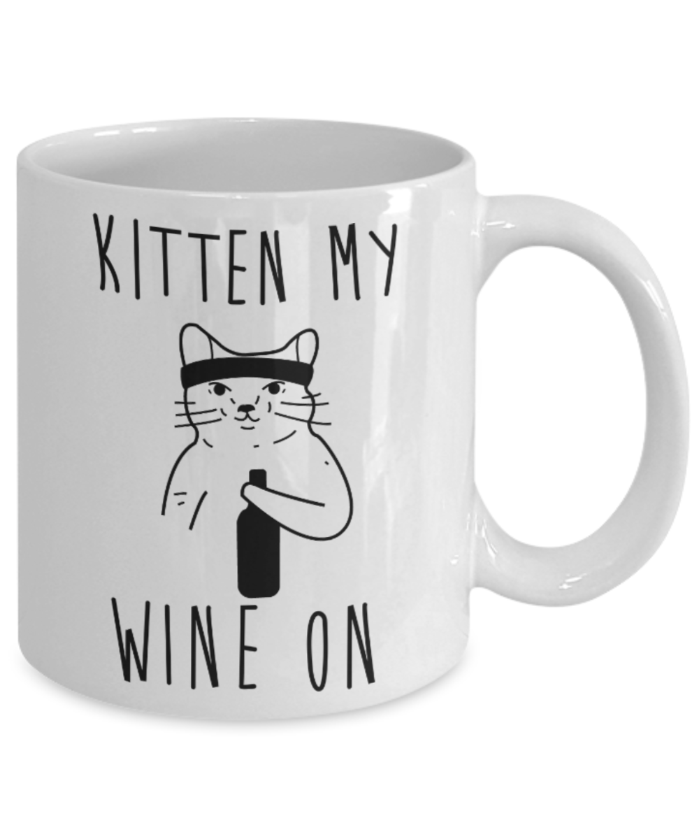 Gift gor cat lovers , Kitten wine on - White Coffee Mug Porcelain Tea Cup 11 oz - Great Gift