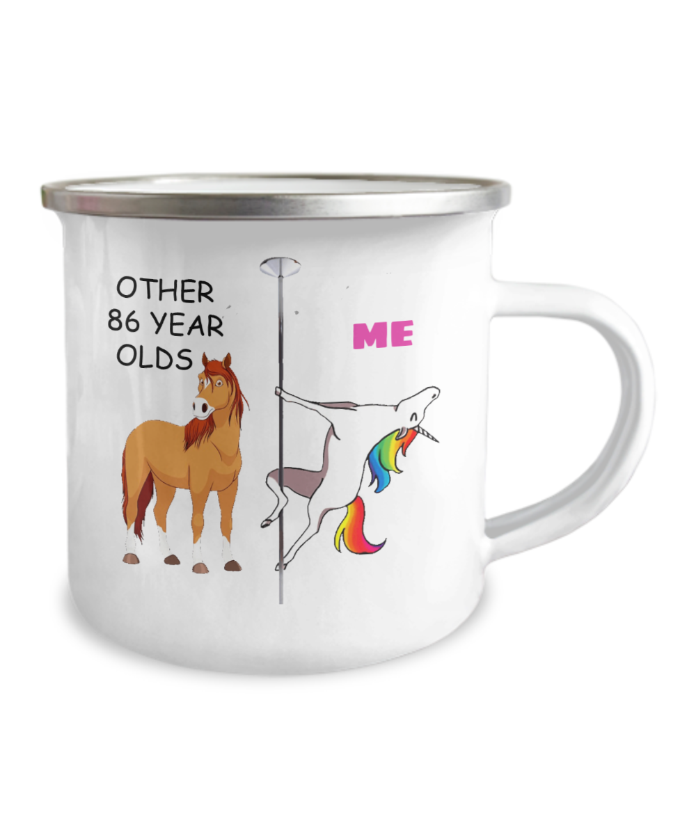 86th Birthday Unicorn Camper Coffee Mug - Other 86 Year Olds Me Unicorn Coffee Mug -12 Oz Stainless Steel Enamel Finish White Camper Coffee Mug