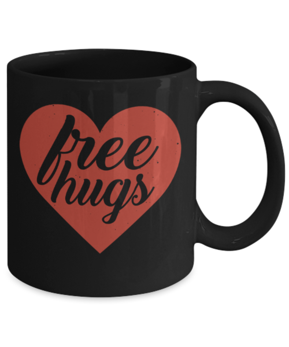 Aneversery gift - Free Hugs - Funny Black Porcelain Coffee Mug Cute Ceramic Cup 11 oz